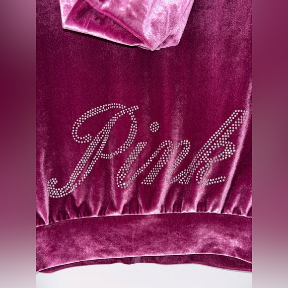 PINK Victorias Secret Medium Mauve Jacket Zip Up Hoodie Crop Velour Velvet Bling - Picture 6 of 8